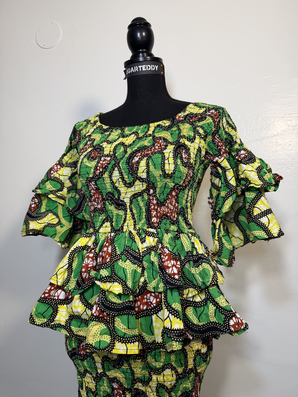 Green African Print Peplum Top and Skirt Set